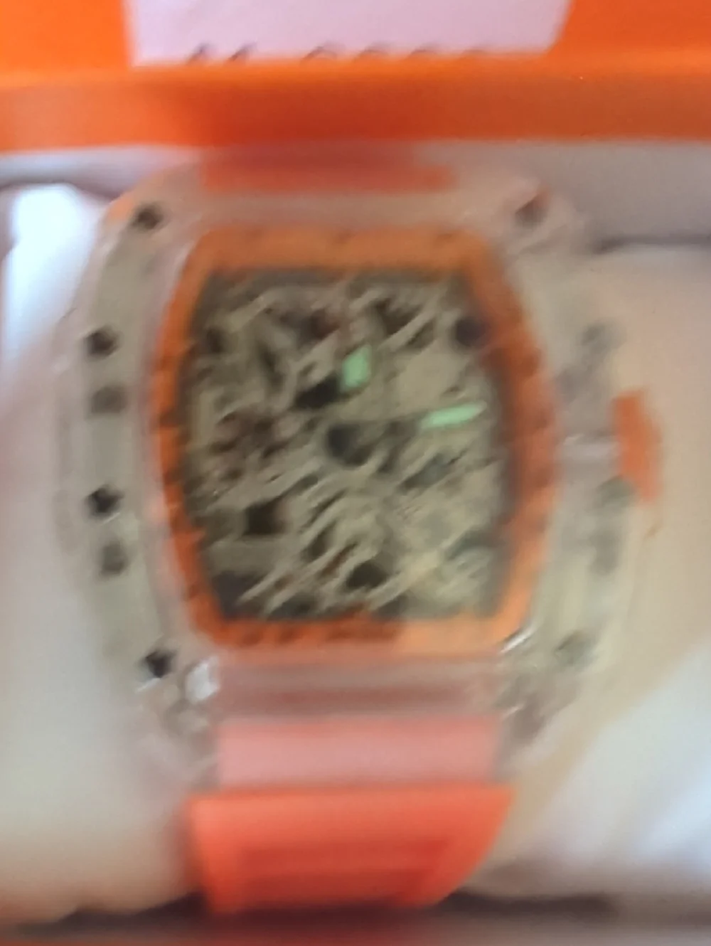 Transparent Case Orange Strap Skeleton Dial Sport Watch